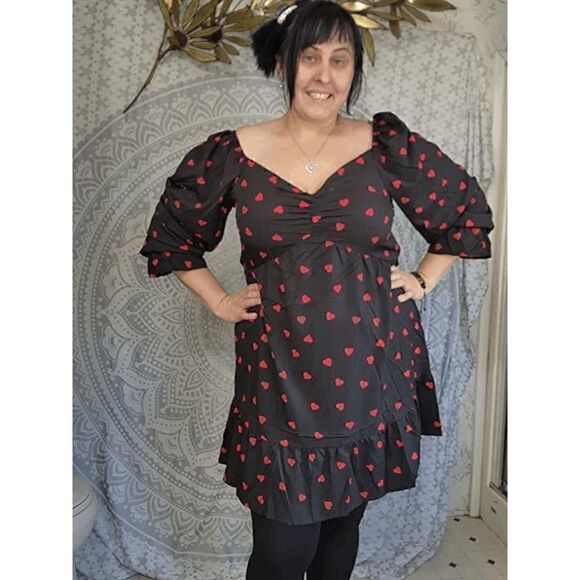 ❤ Plus Size Valentine’s Day Sweetheart Long Sleeve Heart Print Black Dress NWT - Picture 11 of 16